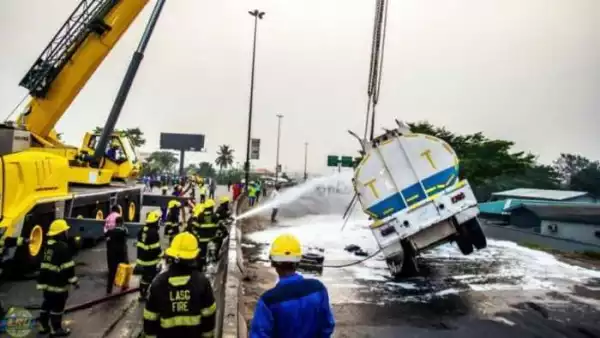 Tragedy Averted In Lagos As Fully Loaded Tanker Spills Content After Accident